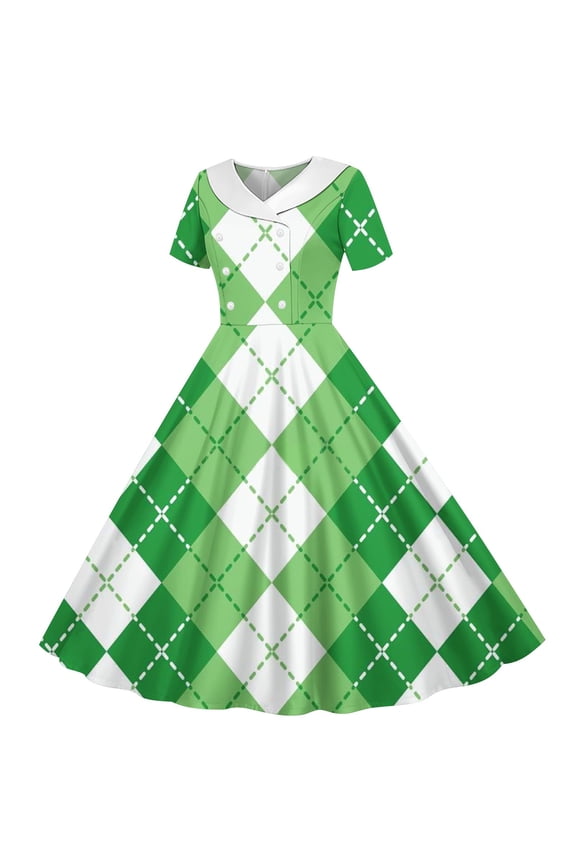 Vintage A-Line Girls Dress 5-14 Years - Short Sleeve White Argyle Pattern, Soft Stretchy Comfortable All-Day Wear with Contrast Collar,Size 9-10 T