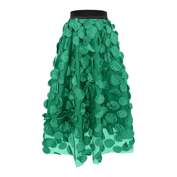 Vintage A Line Skirt Half Length Skirt Women's 3D Polka Dotted Yarn Skirt High Waist Green L