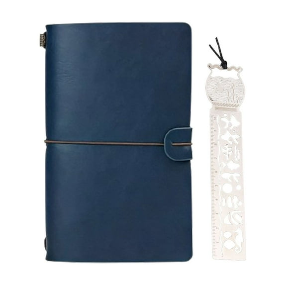 Vintage A6 Portable Travel Notebook, Compact Journal with Metal Bookmark , Lightweight Writing Notebook for Travelers Students Office Use (Blue)