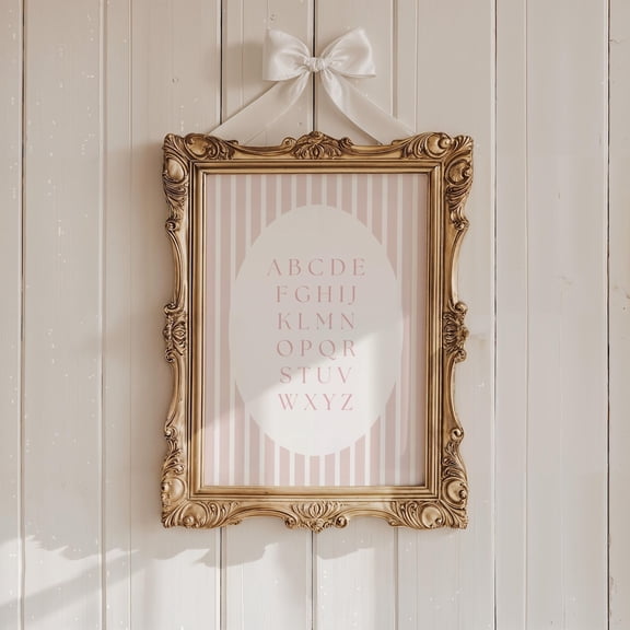 Vintage ABC Print Blush Striped Preppy Nursery Decor Unframed Paper Poster 8x10in