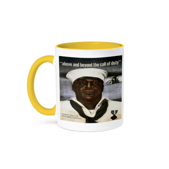 3dRose, Vintage Above and Beyond the Call of Duty Dorie Miller Navy Cross at Pearl Harbor, 15oz Two-Tone Yellow Mug