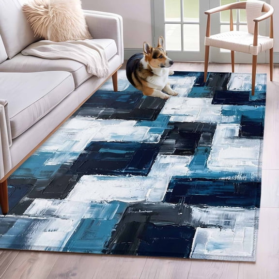 Vintage Abstract Area Rugs 4'x6', Washable Small Throw Rugs for Office Bathroom, Blue Black Oil Painting Graffiti Art Indoor Outdoor Rug Non-Slip Low Pile Carpet Runner Reversible Floor Mats