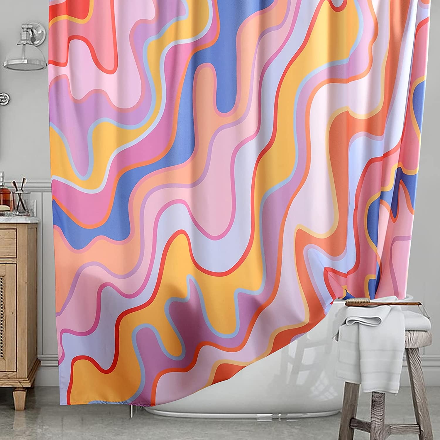 Vintage Abstract Art Fabric Shower Curtain Pastel Rainbow Colorful Groovy Waves Stripes Geometric Bathroom Shower Curtains Set Aesthetic Retro Minimal