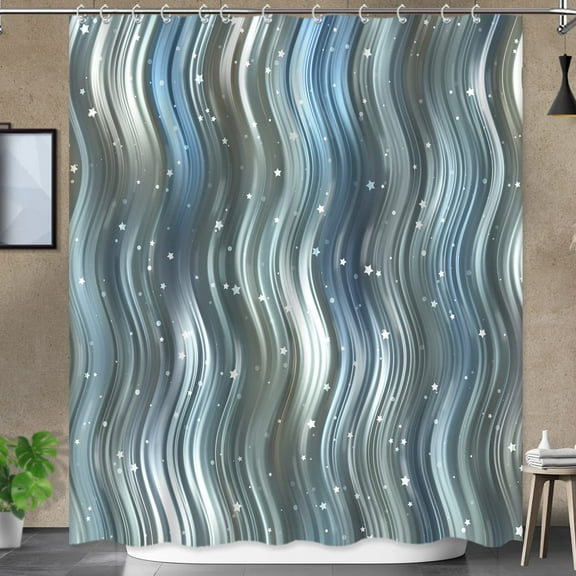 Vintage Abstract Art Shower Curtain Blue Grey Bright Waves Stripes Bath Curtain Aesthetic Retro Bathroom Decor Set Waterproof Polyester Fabric Curtain, 72 x 72 Inches