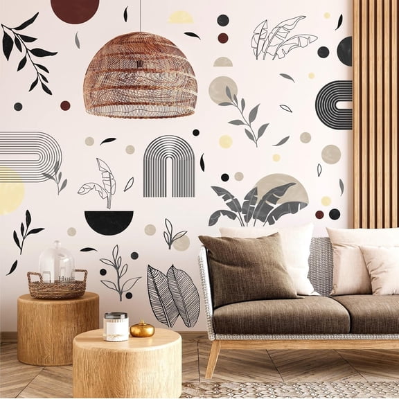 Vintage Abstract Art Wall Stickers Geometric Wall Decals Peel and Stick Boho Arch Leaf Wall Stickers Removable Modern Arch Wall Sticker for Bedroom Living Room Nursery Decor