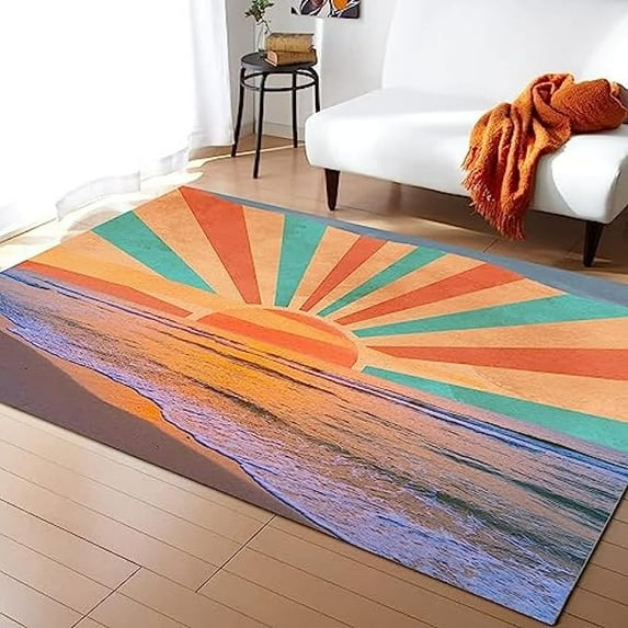 Vintage Abstract Boho Sun Art Area Rug, Brown And Green Stripes Beach Sunset Rug, Anti-Slip Absorbent Washable Easy Clean Carpet For Living Room Bedroom Kitchen Entryway 5 x 7ft