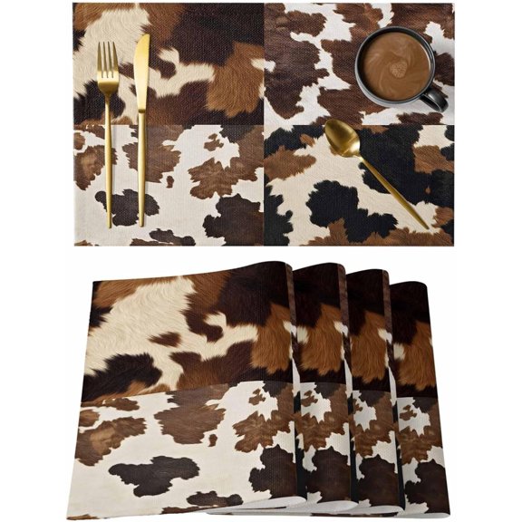 Vintage Abstract Cowhide Speckles Placemats Set of 4 Washable Table Mats for Holiday Party, Indoor Place Mats Farmhouse Western Animal Skin Kitchen Dining Tabletop Decoration Placemat, 12x18IN