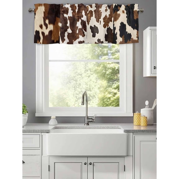 Vintage Abstract Cowhide Speckles Valances for Windows,Kitchen Valance Rod Pocket Short Curtain,Farmhouse Western Animal Skin Valance Curtain Window Valances for Bedroom Living Room 42x12in
