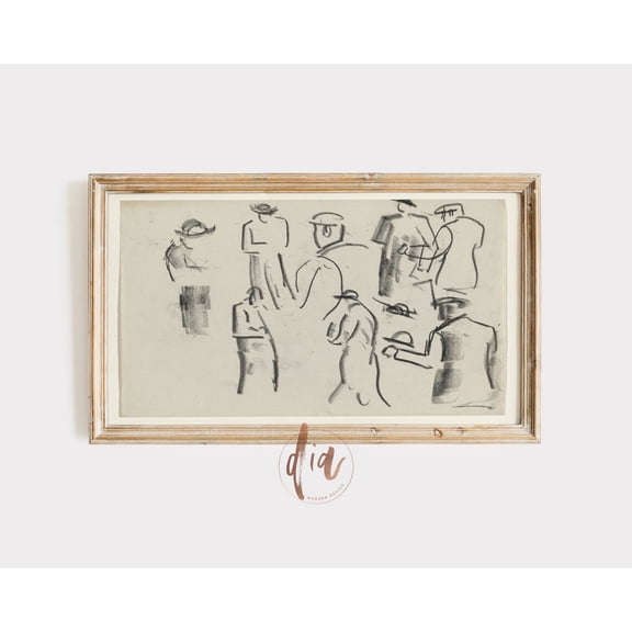 Vintage Abstract Figure Drawing Antique Line Art Neutral Eclectic Decor, Stretched Canvas 16x20in