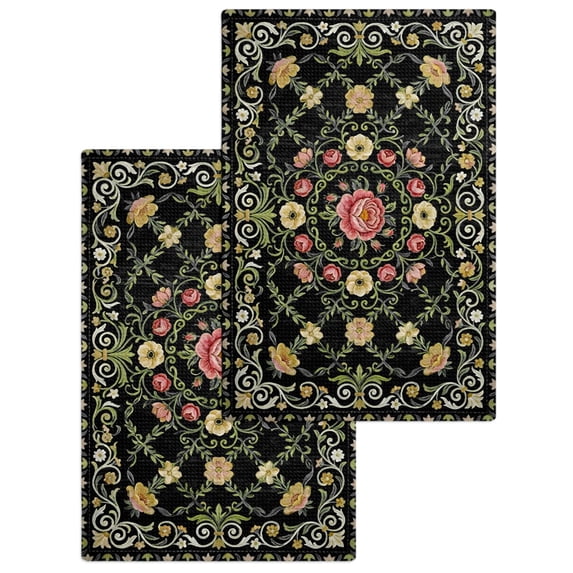 Vintage Abstract Floral Kitchen Dish Towels for Drying Dishes Set of 2, Rustic Ethnic Flowers Prints Black Waffle Weave Microfiber Hand Tea Bathroom Towels Quick Dry & Absorbent Towel 15.7x23.6