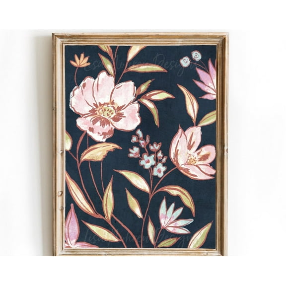Vintage Abstract Floral Navy Blue Botanical Boho Flower Wall Art Decor Neutral Minimalist Instant Art Wall Art, Modern Wall Decor, 8x12 UNFRAMED
