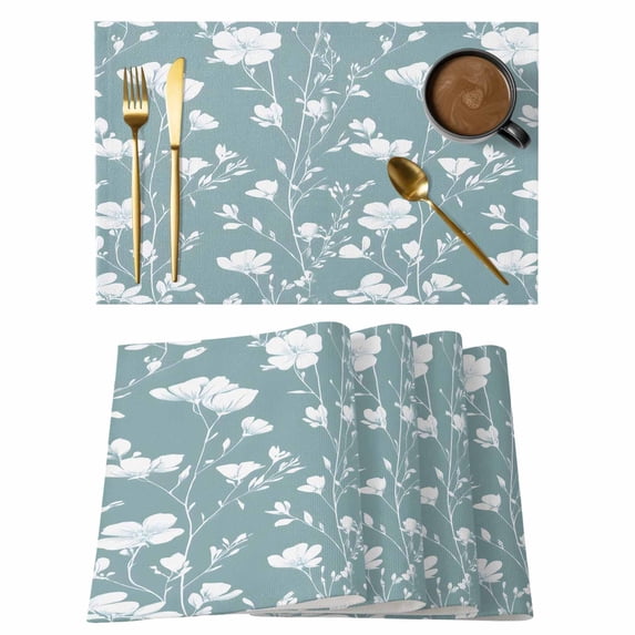 Vintage Abstract Flower Placemats Set of 8, Retro White Floral Teal Texture Non-Slip Place Mats Washable Table Mats for Kitchen Dining Table Decorations Indoor/Outdoor