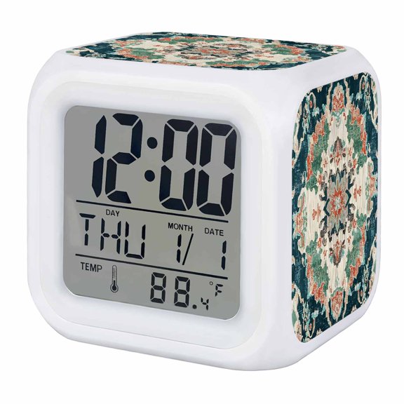 Vintage Abstract Flowers Alarm Clock, Green Orange Blue Medieval National Style Digital Clock Night Light with 7 Color, Calendar Temperature Display, LED Desk Small Clock for Bedrooms Living Room
