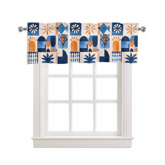 Vintage Abstract Kitchen Valances for Windows Farmhouse Linen Window Valance Curtain for Living Room Window Treatment Farmhouse Chic Geometric Plaid Artwork Valance Rod Pocket Topper, 42 x 12 Inch