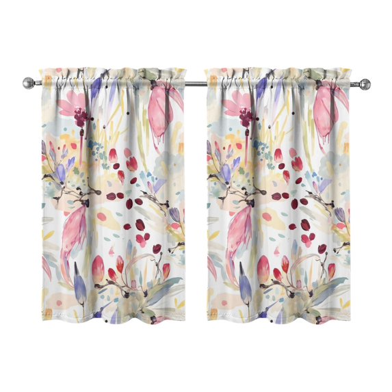 Vintage Abstract Line Flower Powder Tier Kitchen Curtains for Bathroom Living Rod Pocket Window Drapes 28"x39" 2 Panels Window Treatment Tiers