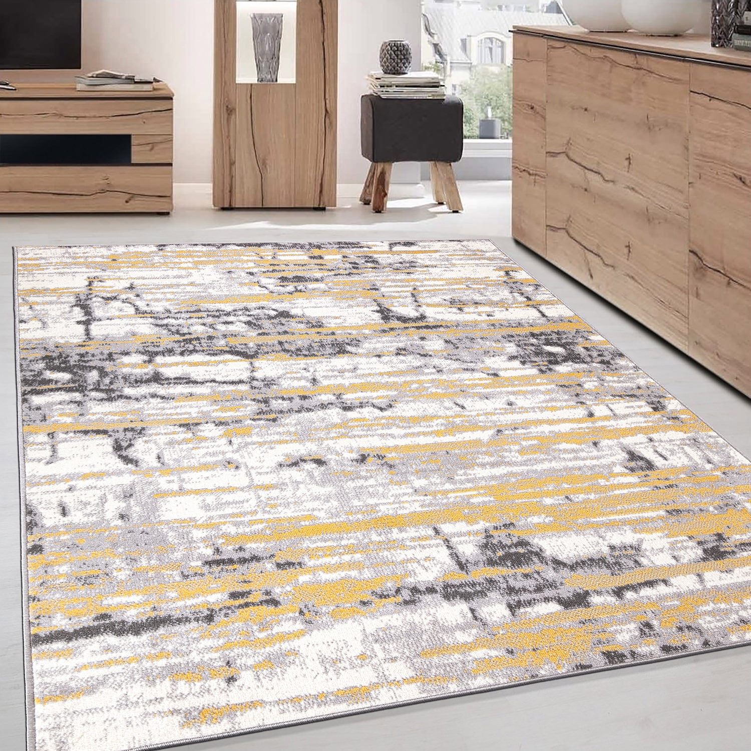 Reversible Vintage Abstract 5' x 7' Yellow Synthetic Area Rug
