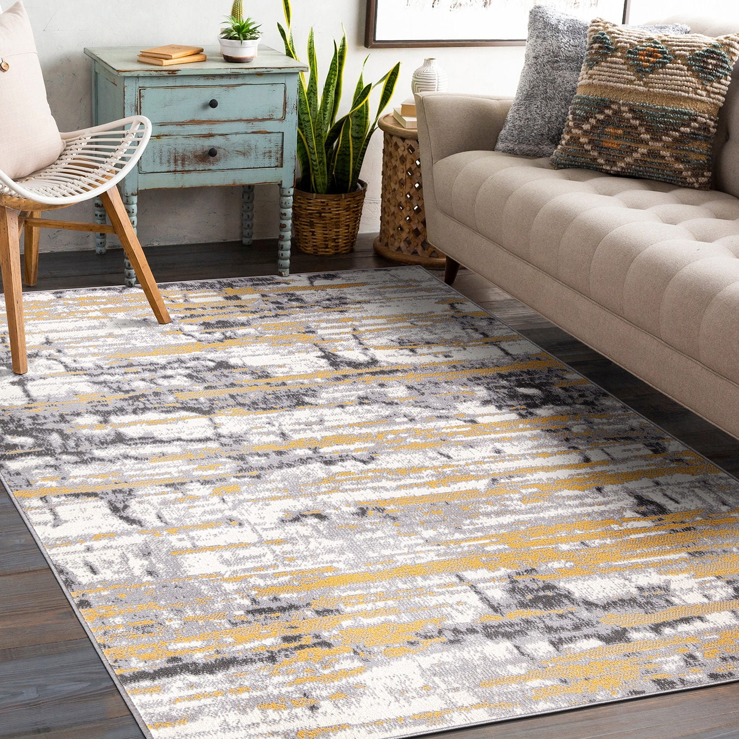 Yellow and Gray Abstract 8' x 10' Synthetic Area Rug