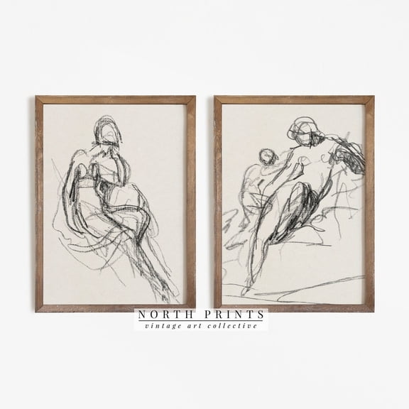Vintage Abstract Portrait Sketch Minimalist Drawing Wall Art Print Set 2 Stretched Canvas 12x18