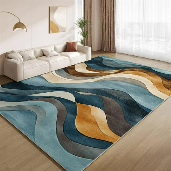 Vintage Abstract Stripes Area Rugs, Blue Brown Carpet, Washable Non Slip Low Pile Soft Rug for Living Room Bedroom Office Decor Mat 3ftx5ft