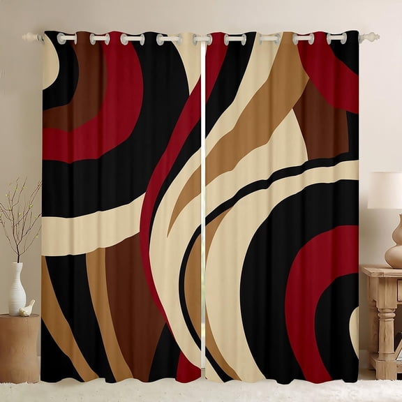 Vintage Abstract Stripes Curtains, Black Red Brown Geometric, Room Darkening Artistic Drapes, 2 Panels Set, 42x90 Inches