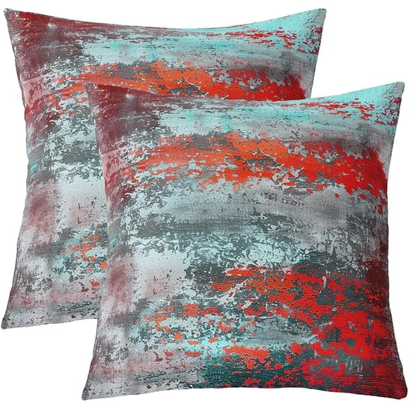 Vintage Abstract Throw Pillow Covers 18"x18" Set of 2 Soft Green Grey Red Messy Rust Decorative Throw Pillowcases for Kids Modern Grunge Art Pillow Cases Cushion Covers Retro Theme Cushion Cases