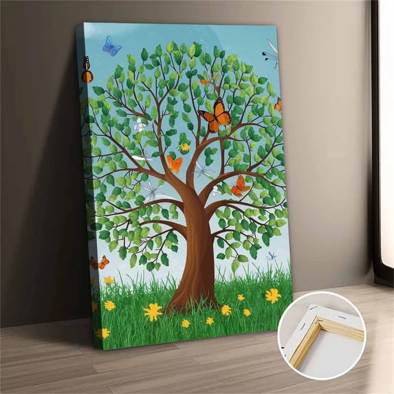 Vintage Abstract Tree With Butterflies Canvas Wall Art