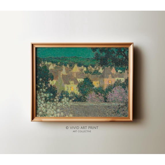 Vintage Abstract Village Wall Art Print, Cottage Core Landscape, Vivid ...