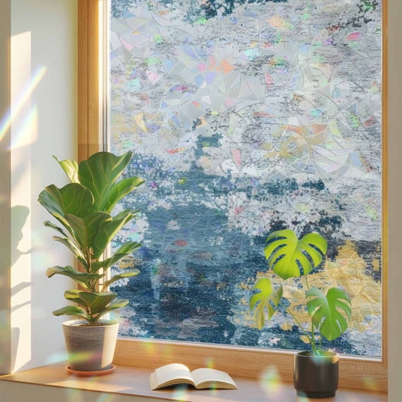 Vintage Abstract Wall Art Window Privacy Film, Rainbow Film Decorative Window Sticker 17.7x39.3in, Modern Blue Gradient Oil Painting Art Sun Blocking Static Stained Glass Cling Tint Non-Adhesive