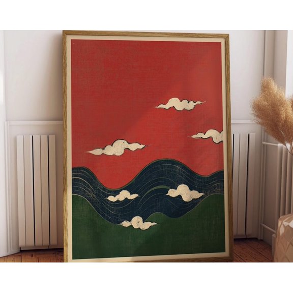 Vintage Abstract Waves Clouds Wall Art Print, Unframed Paper Poster 24x36in