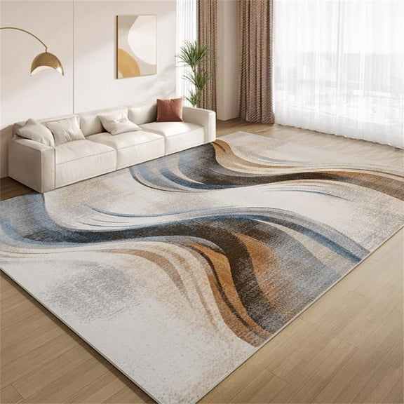 Vintage Abstract Wavy Stripes Area Rugs, Blue Brown Carpet, Washable Non Slip Low Pile Soft Rug for Living Room Bedroom Entry Decor Mat 3ftx5ft