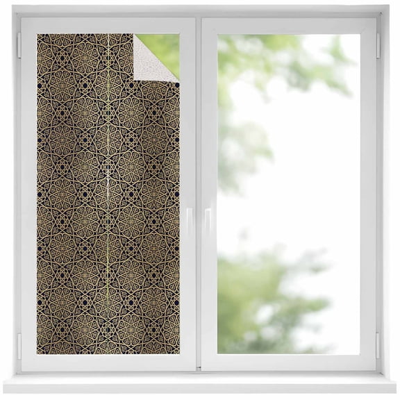 Vintage Abstract Window Privacy Film, Traditional Geometric Pattern Dark Brown Static Cling UV Sun Blocking Heat Control Window Tint Day and Night, Non-Adhesive One Way Privacy Cover 17.7''x39.3''