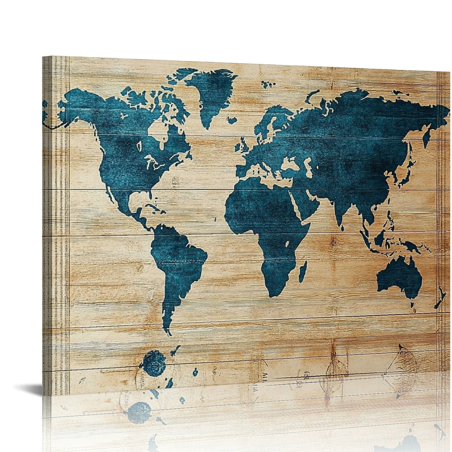 Vintage Blue and Beige Abstract World Map Canvas Art