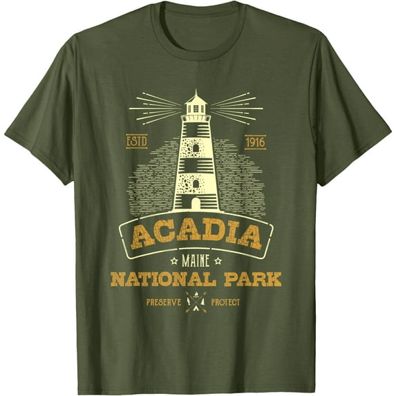 Vintage Acadia National Park Lighthouse Unisex T-Shirt for Men Women Kids Toddler,Military Green Color,Size 3XL