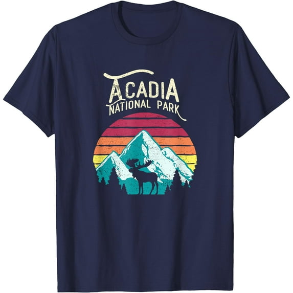 Vintage Acadia National Park Maine Mountains Moose Unisex T-Shirt for Men Women Kids Toddler,Navy Color,Size 4T