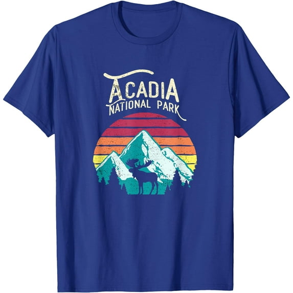 Vintage Acadia National Park Maine Mountains Moose Unisex T-Shirt for Men Women Kids Toddler,Royal Blue Color,Size 2T
