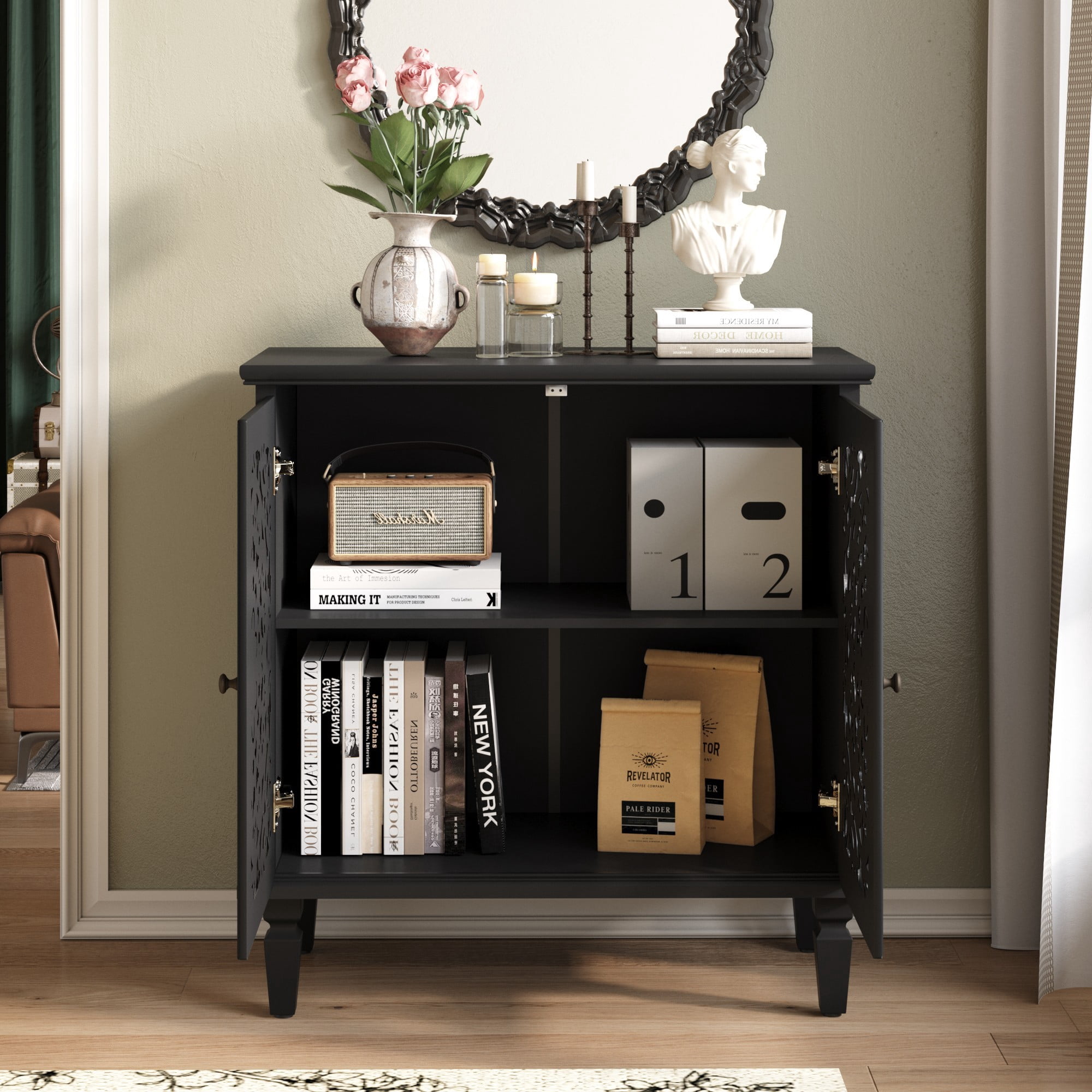 Vintage Accent Cabinet with Floral Carved Doors, 2 Door Sideboard Storage Cabinet with Adjustable Shelf, Black