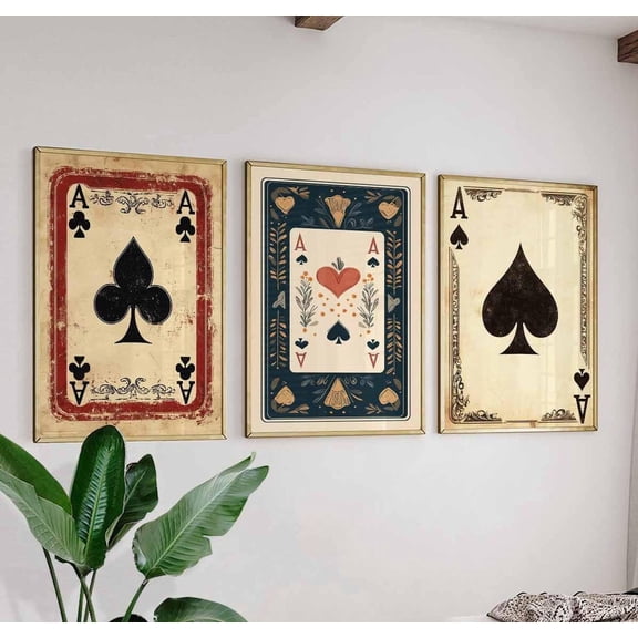 Vintage Ace Spades Retro Playing Cards Floral Grunge Boho Wall Art Decor, Stretched Canvas