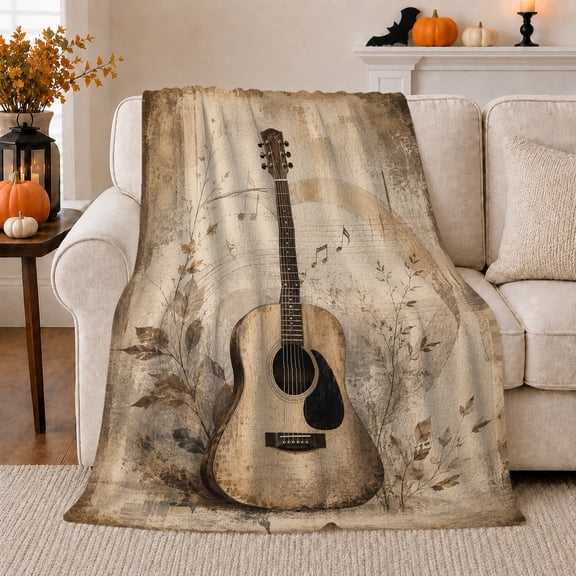 Vintage Acoustic Guitar On Parchment With Botanical Stems Rustic Nostalgic Art Flannel Blanket Soft Home Decor For Music Fans Autumn Thanksgiving Gift Living Room Bedroom