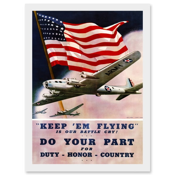 Vintage Ad Military Air Force Bomber Flag USA WW2 War A4 Artwork Framed Wall Art Print