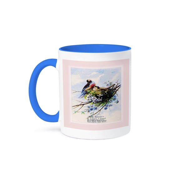 Vintage Ad With Birds In Nest, 15oz Two-Tone Blue Mug
