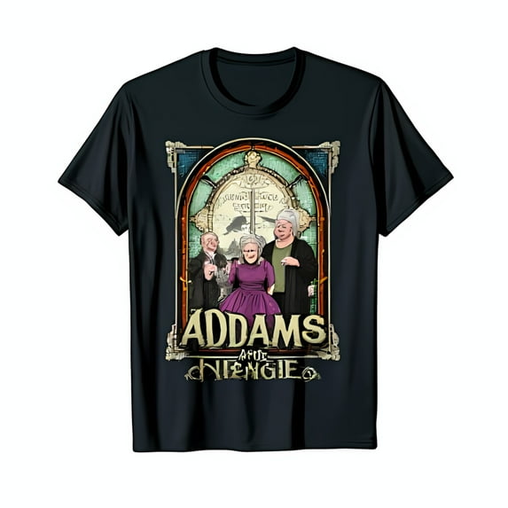 Vintage Addams Family Black T-Shirt with Stained Glass Illustration of Gomez Morticia & Wednesday