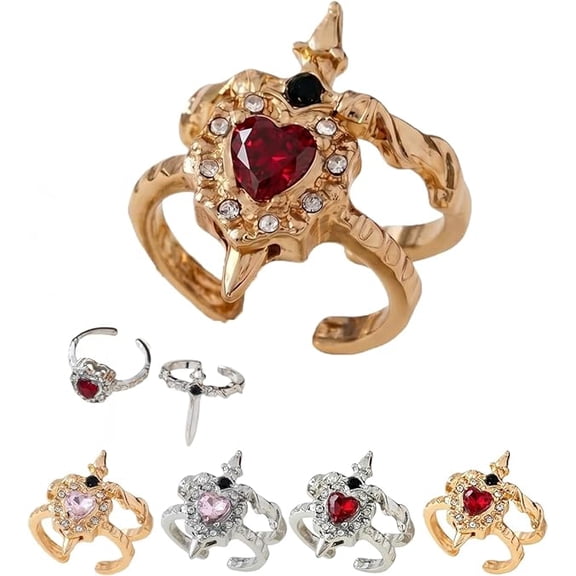 Vintage Adjustable Sword Piercing Heart Ring, Gothic Couple Style Open Ring with Rhinestones (Gold & Red)