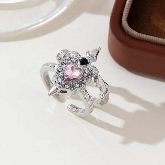 Vintage Adjustable Sword Piercing Heart Ring, Gothic Couple Style Open Ring with Rhinestones (Silver & Pink)