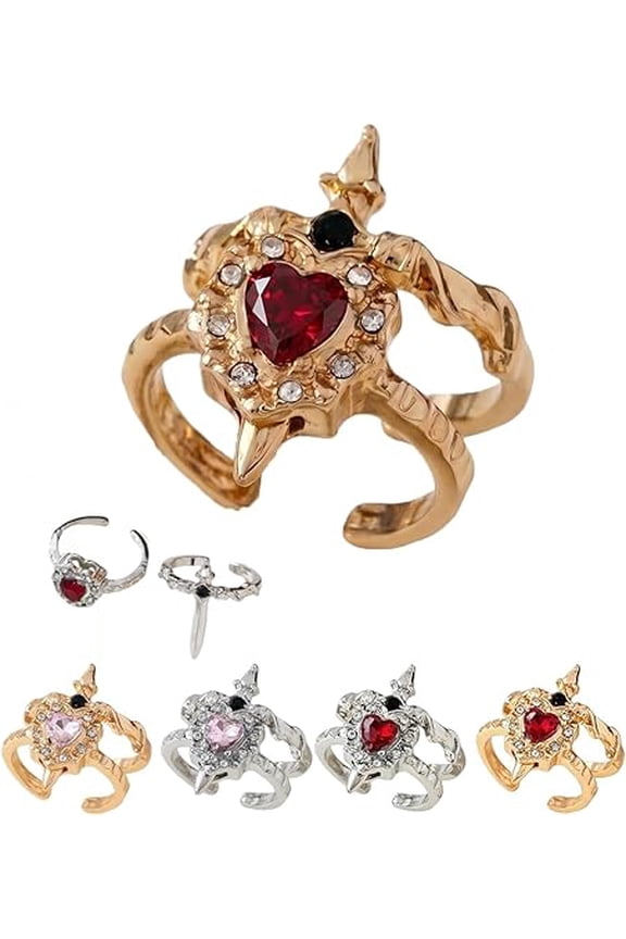 Vintage Adjustable Sword Piercing Heart Ring Set  Gothic Couple Style Open Ring with Rhinestones, Romantic Statement Jewelry Gift for Her