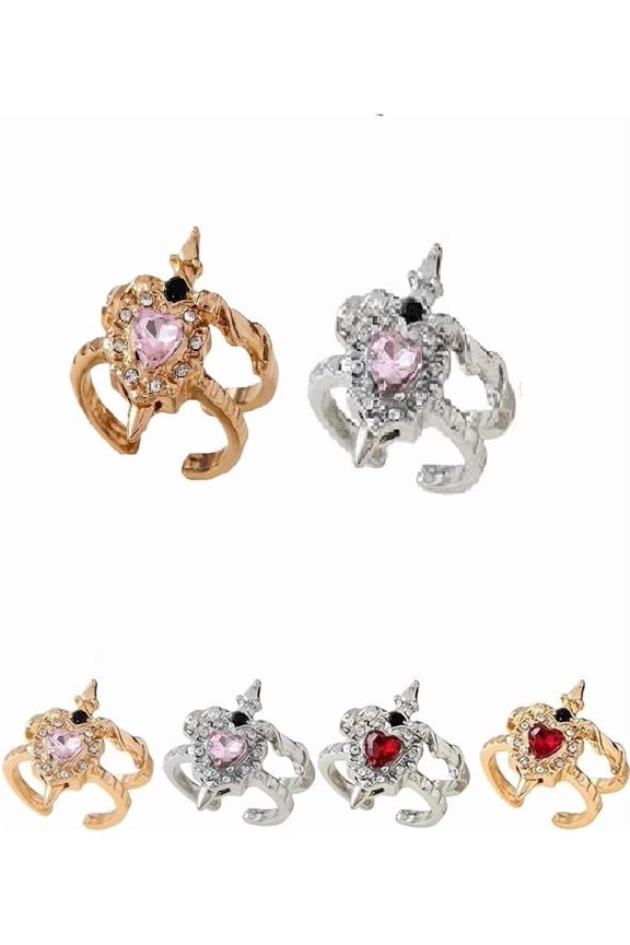 Vintage Adjustable Sword Piercing Heart Ring Set, Gothic Couple Style Ring, Open Adjustable Statement Ring with Rhinestones, Romantic Jewelry for Her (2PCS)