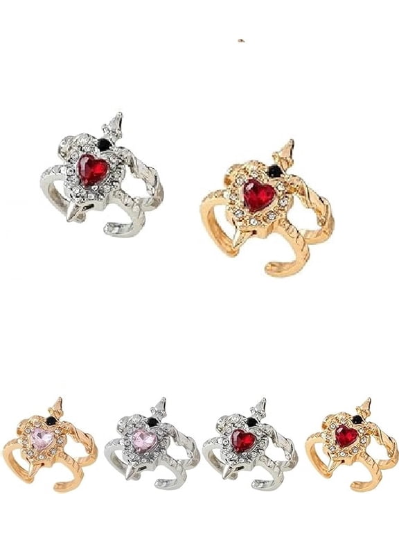 Vintage Adjustable Sword Piercing Heart Ring Set, Gothic Couple Style Ring, Open Adjustable Statement Ring with Rhinestones, Romantic Jewelry for Her(A+B)