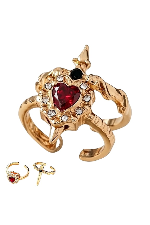 Vintage Adjustable Sword Piercing Heart Ring Set, Gothic Sword Heart Open Ring with Rhinestone, Retro Promise Ring for Daily Party Valentine Gift for Women