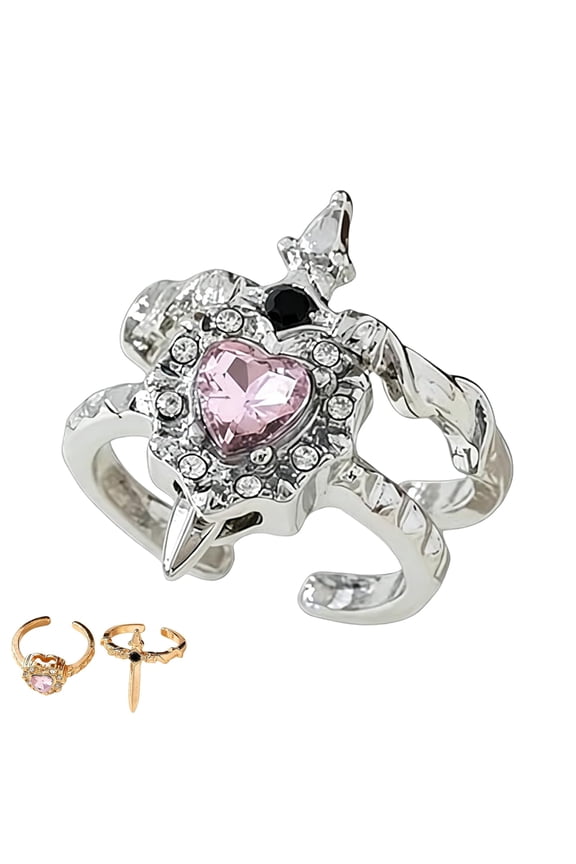 Vintage Adjustable Sword Piercing Heart Ring Set, Gothic Sword Heart Open Ring with Rhinestone, Retro Promise Ring for Daily Party Valentine Gift for Women