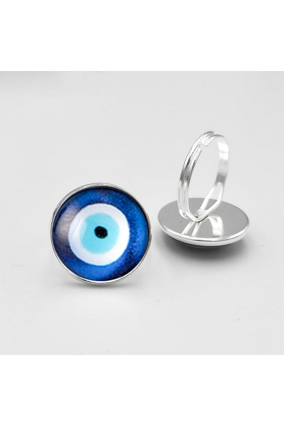 Vintage Adjustable Turkish Blue Eye Glass Ring, Eco-Friendly Zinc Alloy Women's Jewelry, Silver Round Shape, 18mm Glass