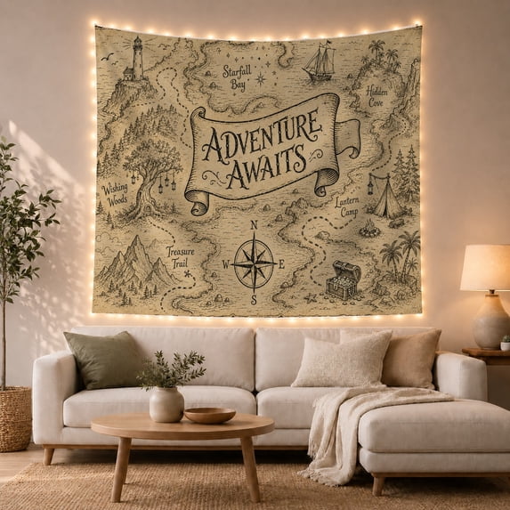 Vintage Adventure Map with Starfall Bay and Compass, Nostalgic Fantasy for Map Lovers, Whimsical Illustration Art Print, Birthday Gift Tapestry Wall Hanging for Bedroom and Living Room